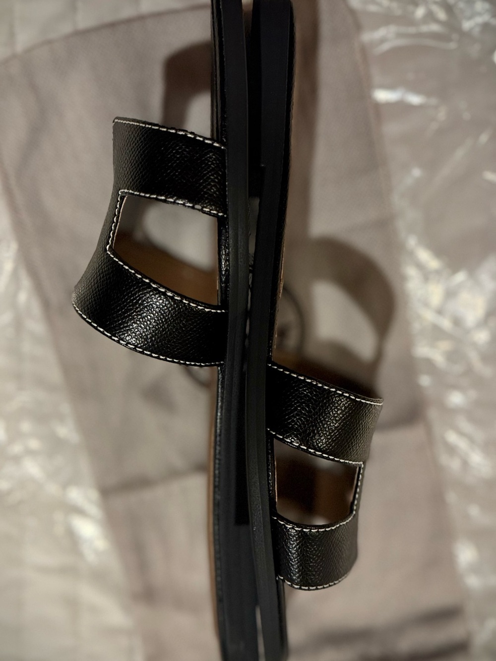 Black Leather Designer (Dupe) Sandals with Brown Insole and white stiching - Picture 6 of 8
